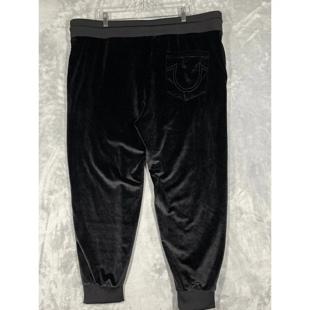 True Religion Black Velour Jogger Pants Logo  Elastic Waist Drawstring Size 3XL